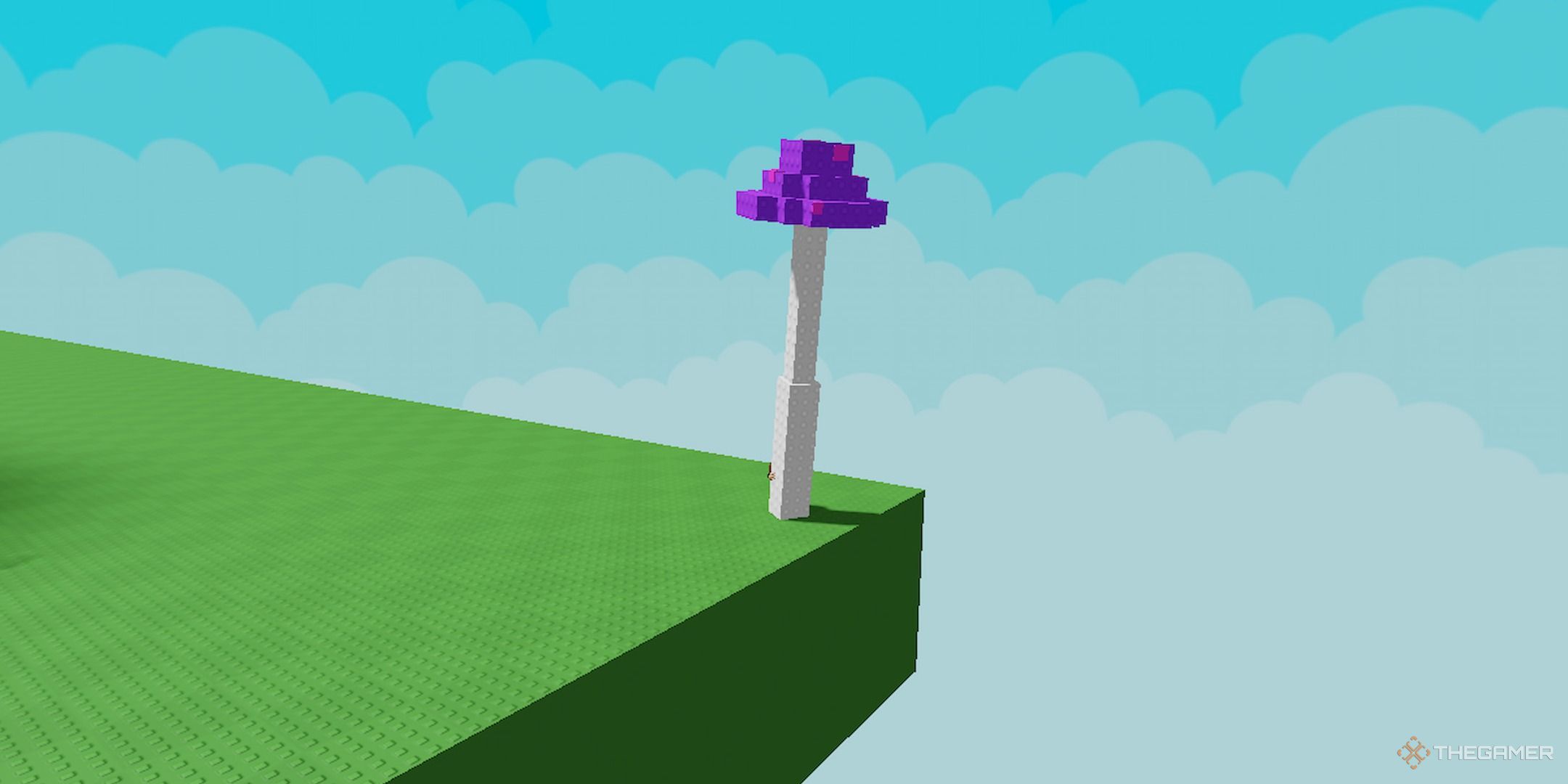 Fully grown mushroom with a purple cap on the edge of the map in Grow A Garden.