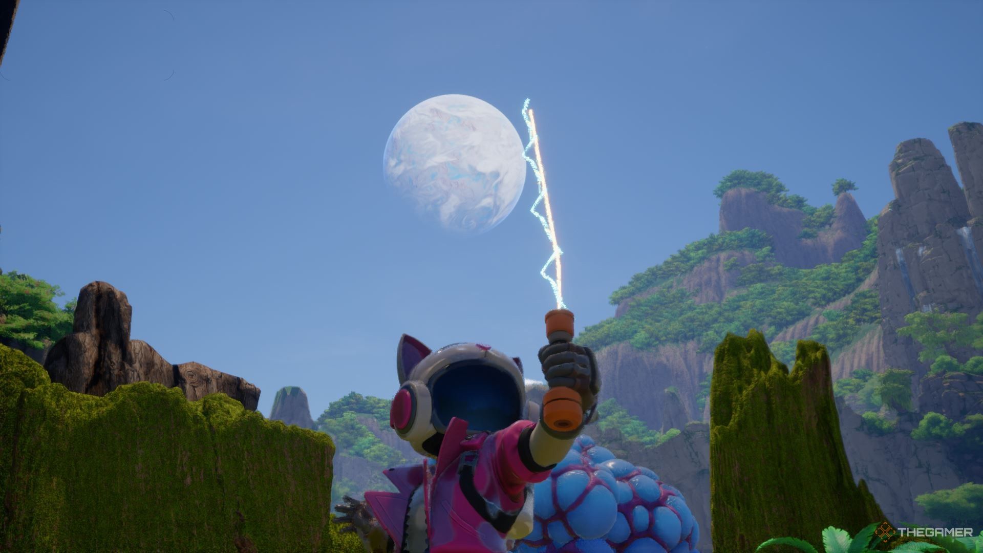 Holding the proton whip against the moon in Revenge of the Savage Planet.