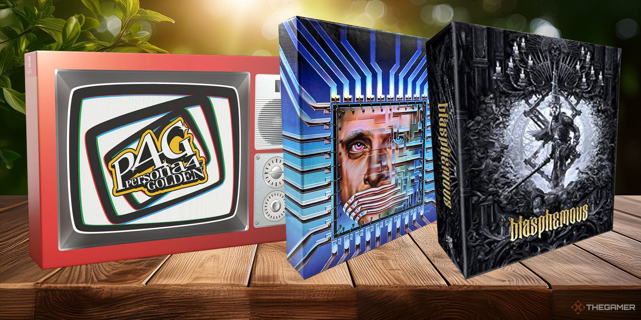 I Have No Mouth, And I Must Scream - Collector's Edition box, Persona 4 Golden Midnight Channel Edition box and Blasphemous Collector's Edition box on a wooden table