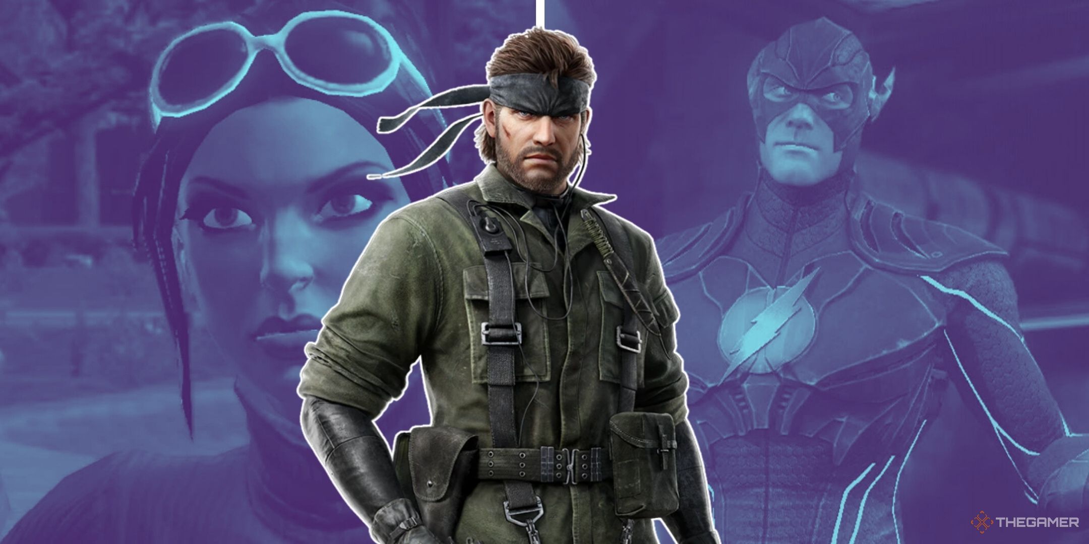 Image of Naked Snake in the center with a white outline, and behind him is Viola and The Flash.