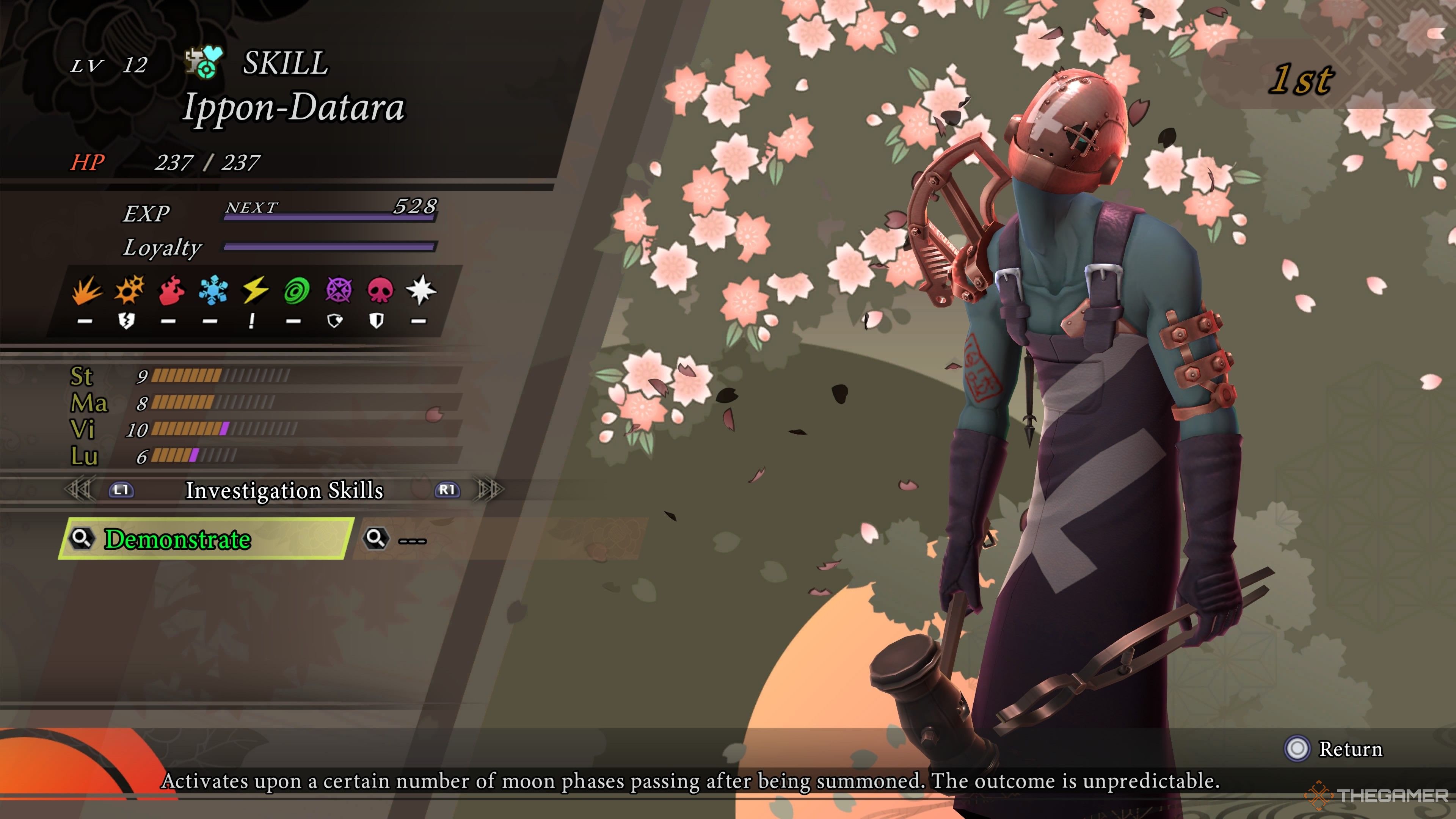 Ippon-Datara with the Demonstrate Investigative Skill in Raidou Remastered The Mystery of the Soulless Army.