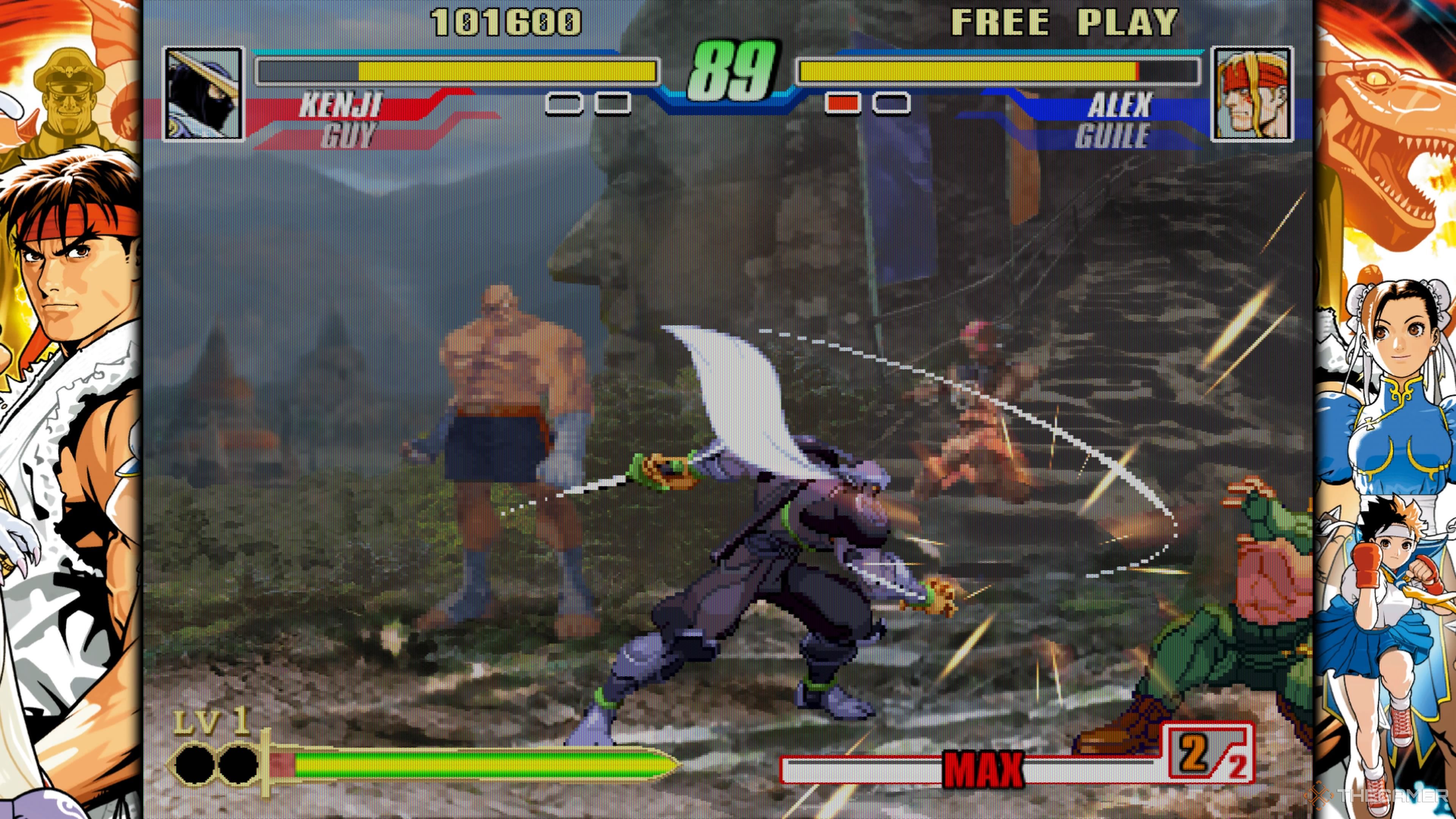 Kanji slashing Alex in Capcom Evolution.