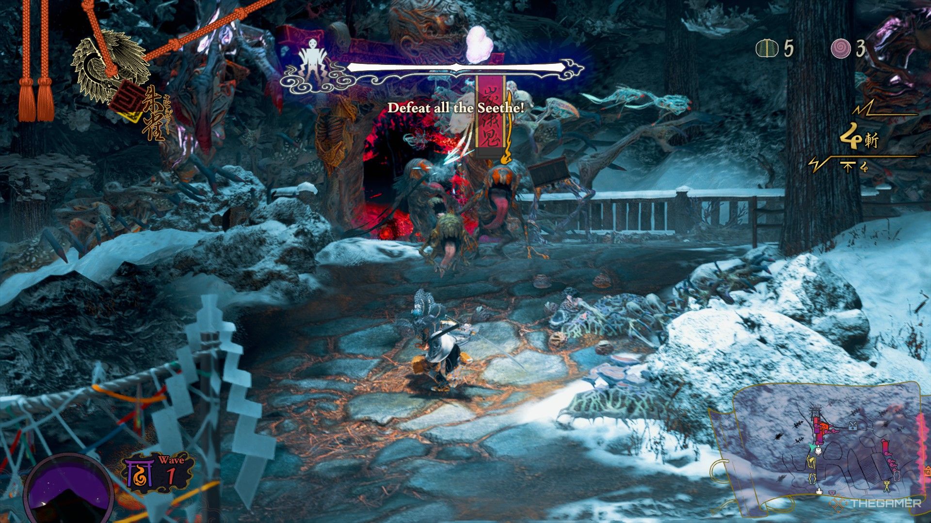 Soh in front of many small enemies coming out of a Tori Gate in Kunitsu-Gami: Path of the Goddess.
