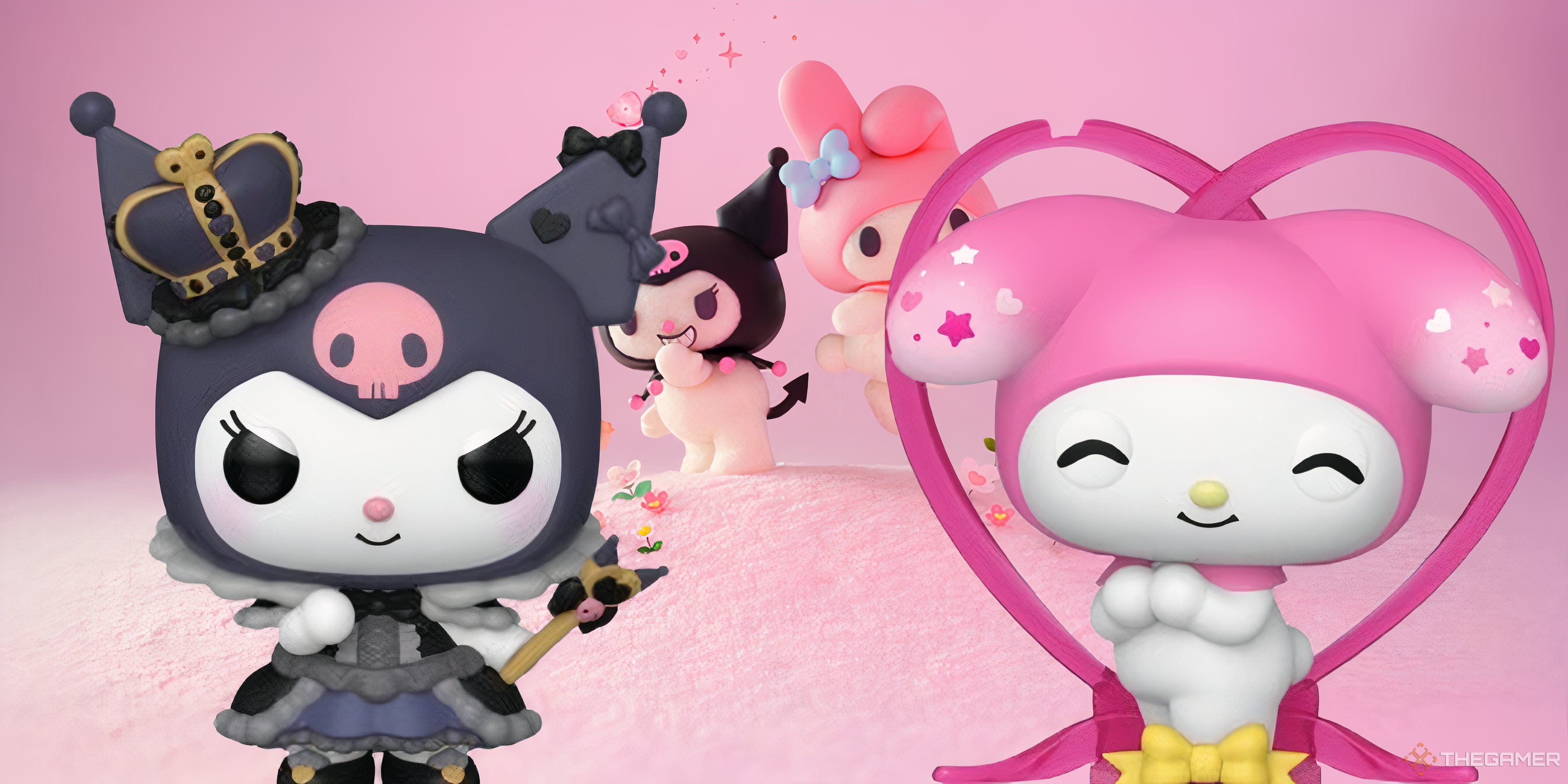 kuromi and my melody funko pops in front of their characters in netflix's stop motion show.