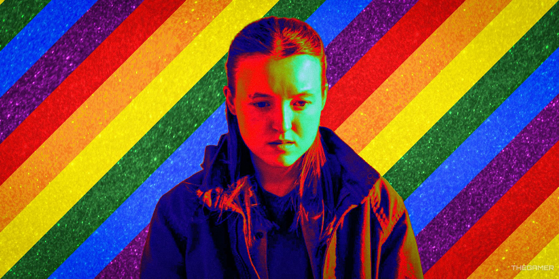 HBO's Ellie with a Pride flag in the background.
