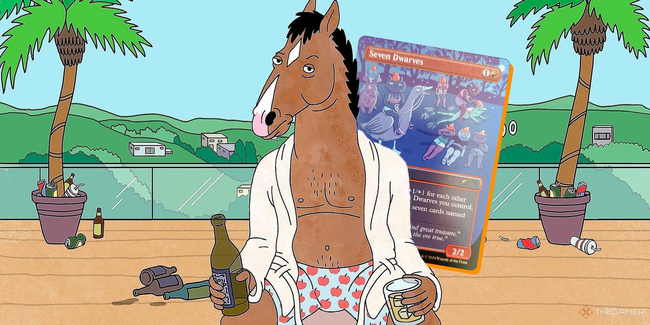Bojack Horseman in front of the Seven Dwarves MTG card.