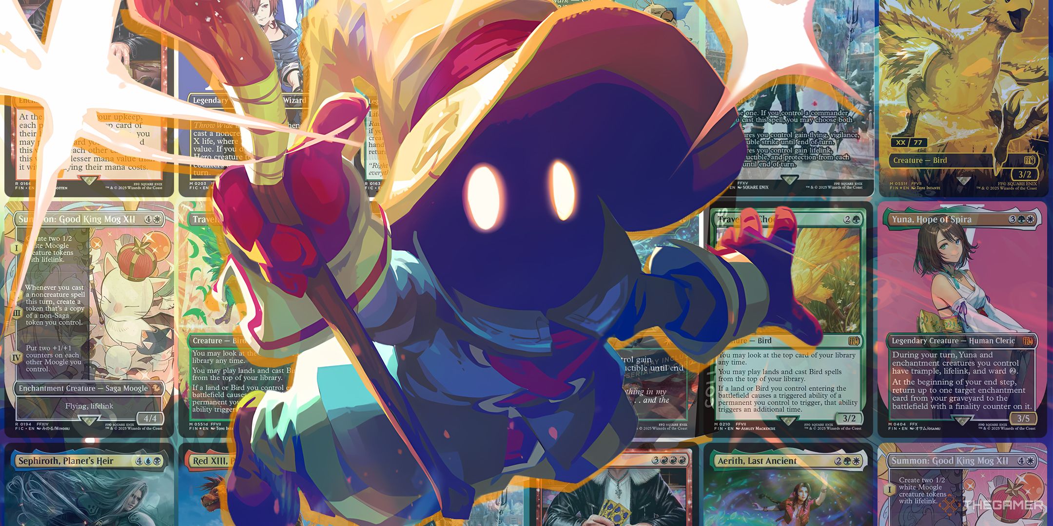 Vivi floating over Magic: The Gathering cards.