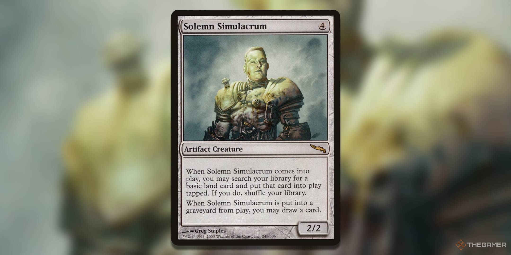 the original Mirrodin printing of Solemn Simulacrum in Magic: The Gathering.