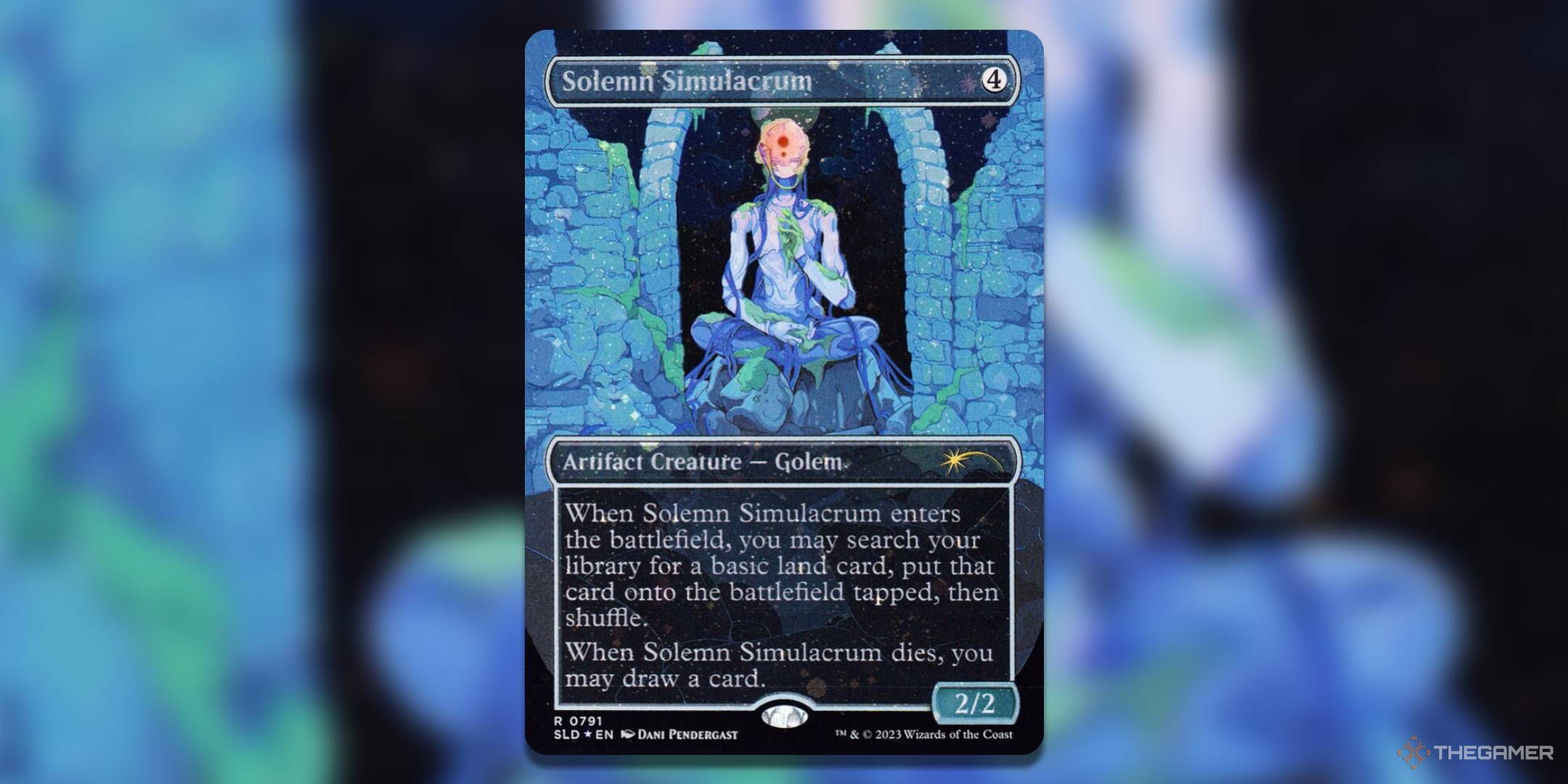 the galaxy foil variant of Solemn Simulacrum from Magic: The Gathering's Secret Lair: Through The Wormhole.
