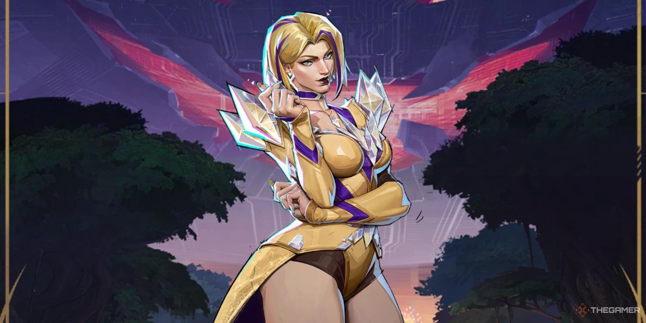 Emma Frost from Marvel Rivals wearing a yellow and purple recolour of her usual skin