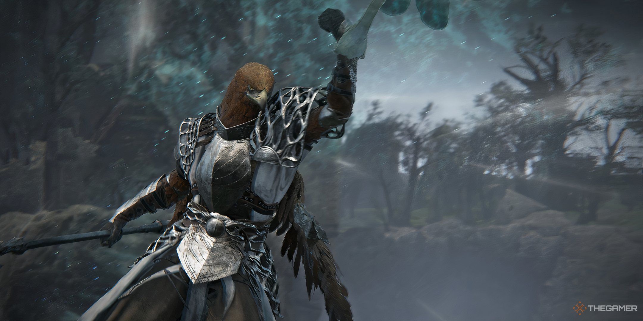 Guardian grabs onto the talons of a spirit hawk as he flies into the hunt in Elden Ring Nightreign.
