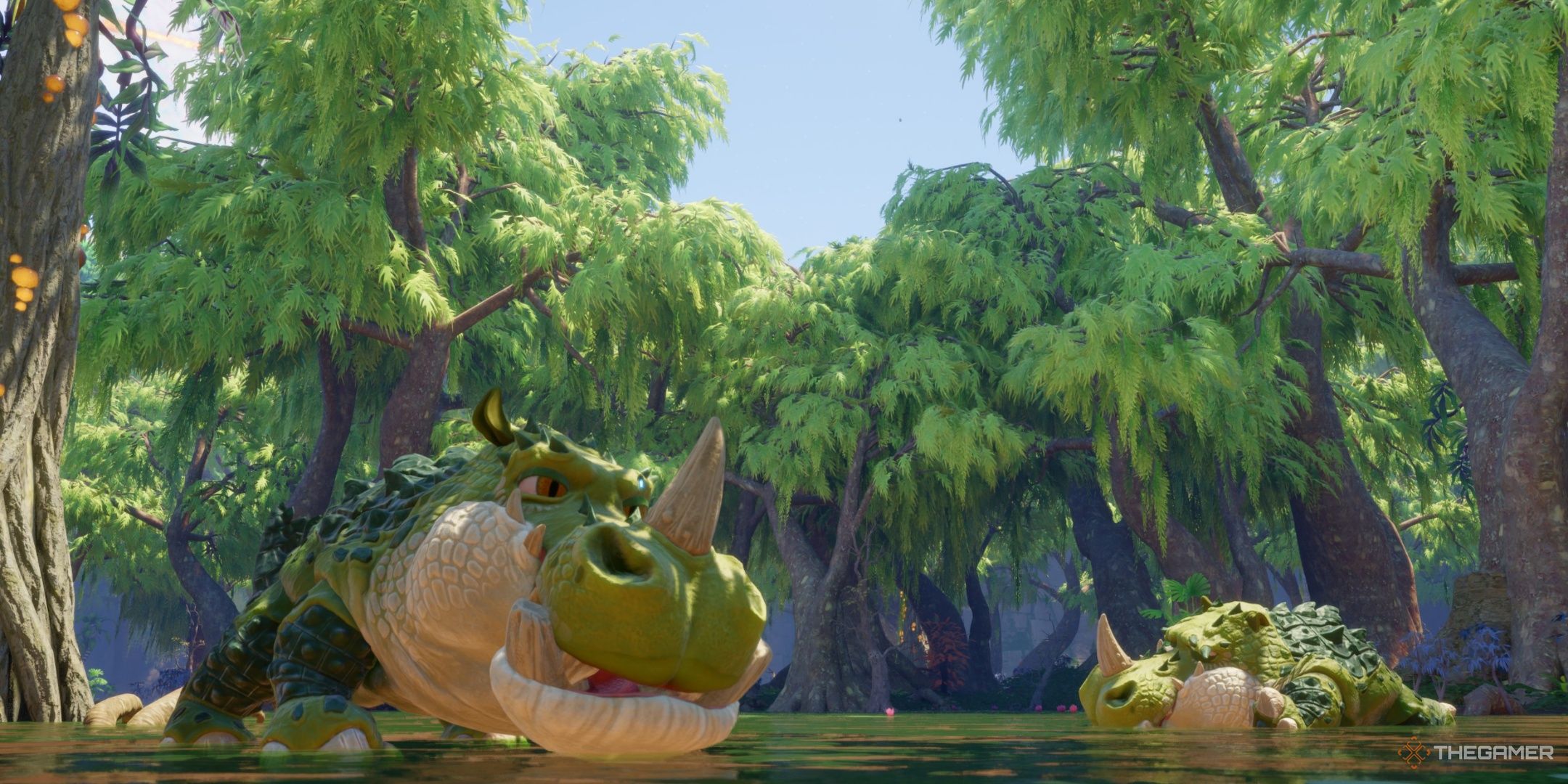 Two creatures with horns in a swamp in revenge of the savage planet.