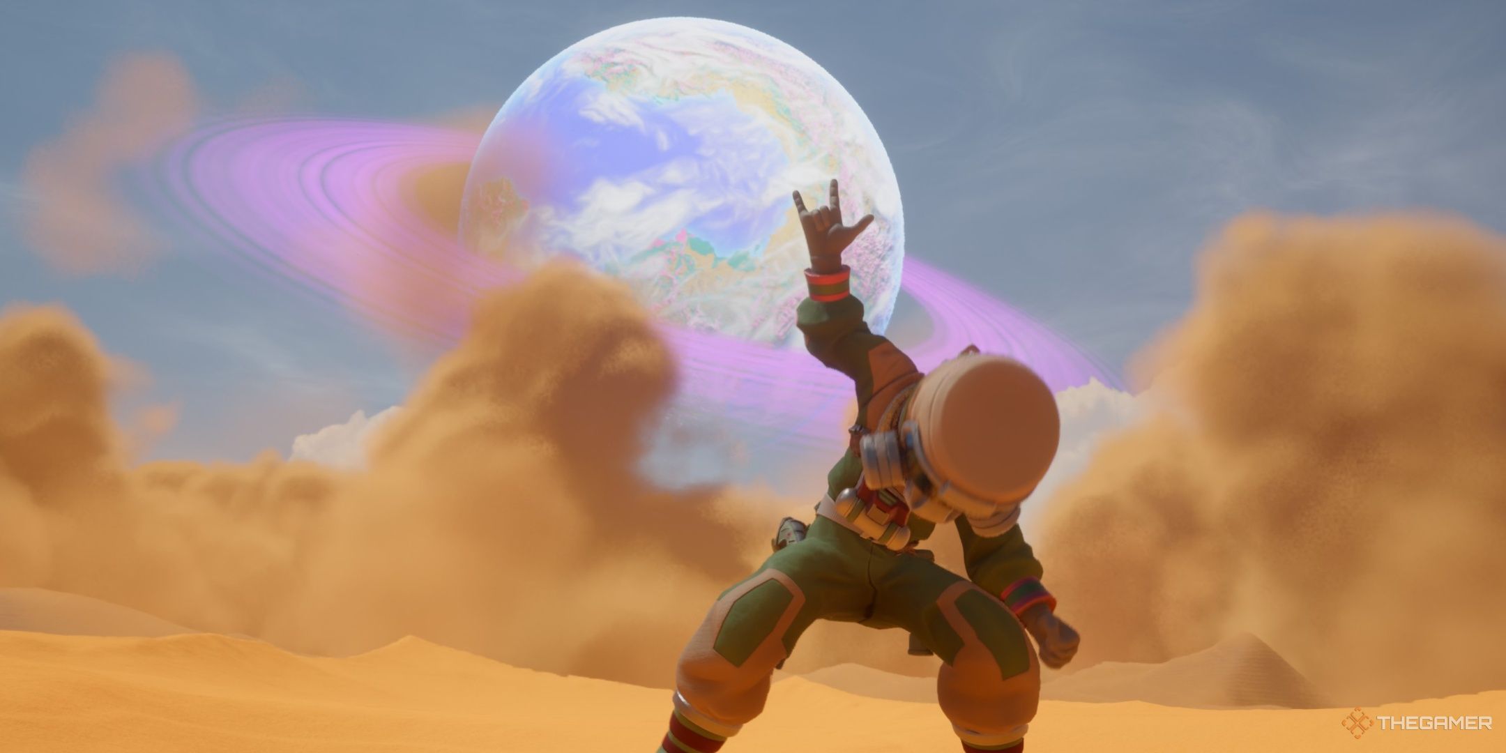 Posing in the desert with a planet in the distance in revenge of the savage planet.