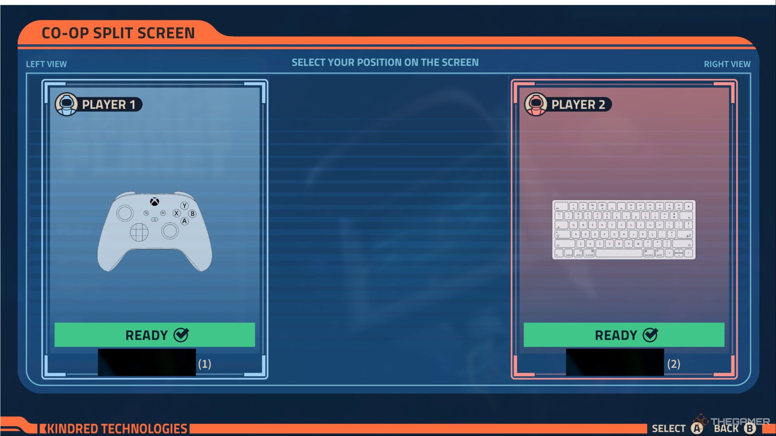 The co-op set up screen for splitscreen in revenge of the savage planet.