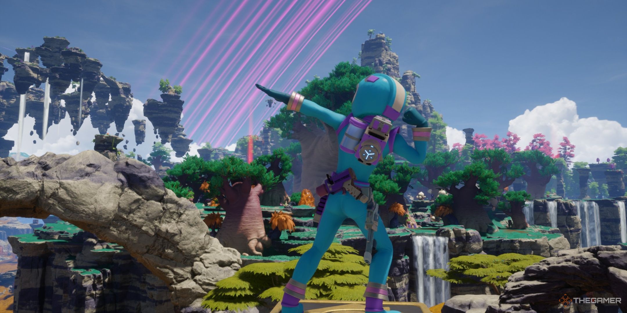 The player posing on the quasadron ix planet in revenge of the savage planet.