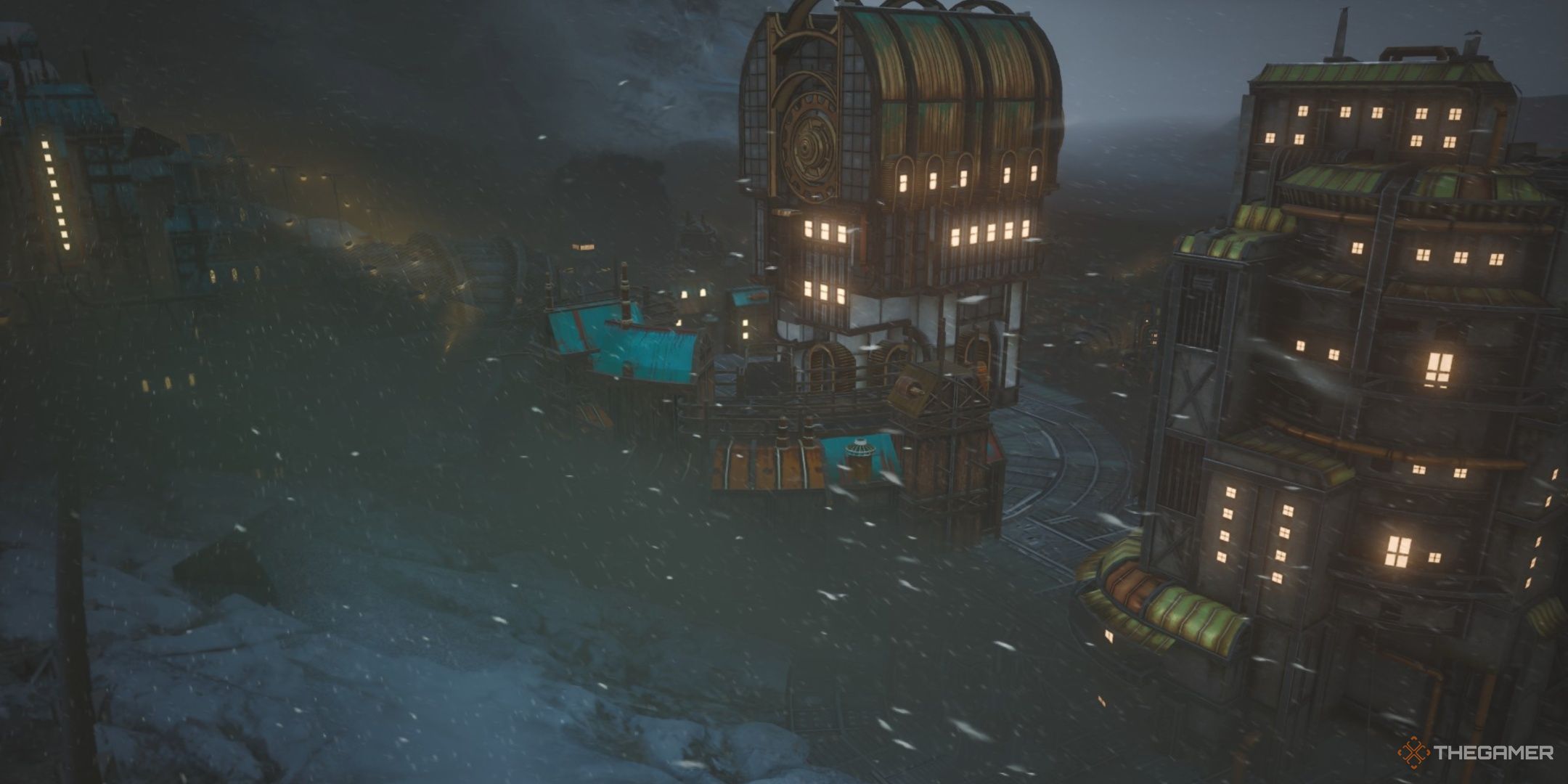 Houses stay alight while battered with the snow and freezing ferocity of the Apocalyptic Whiteout in Frostpunk 2.
