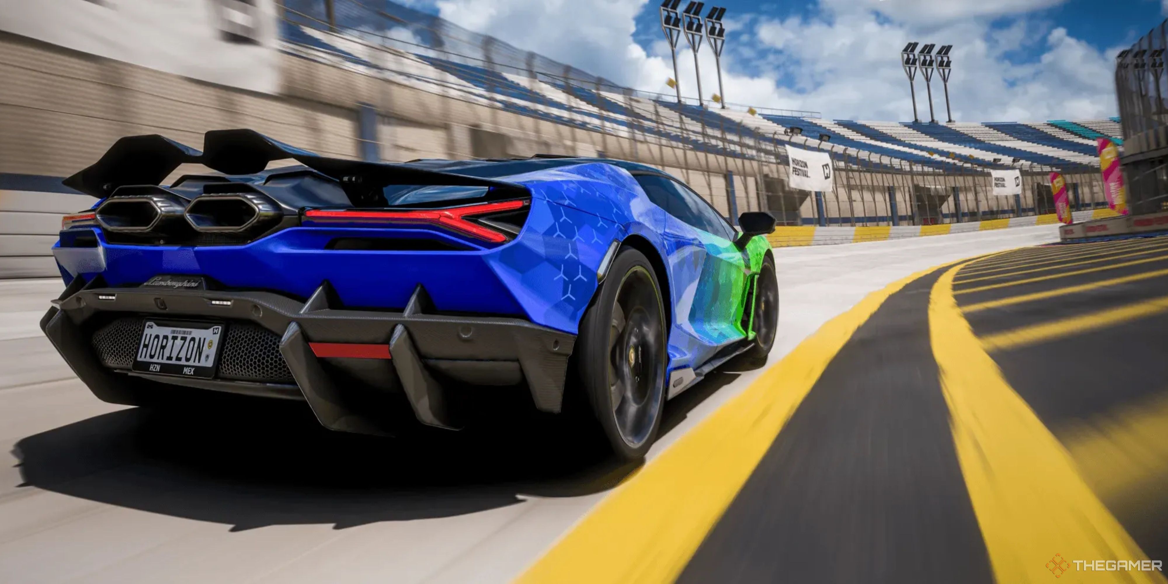 lamborghini revuelto with an xbox and playstation livery in forza horizon 5.