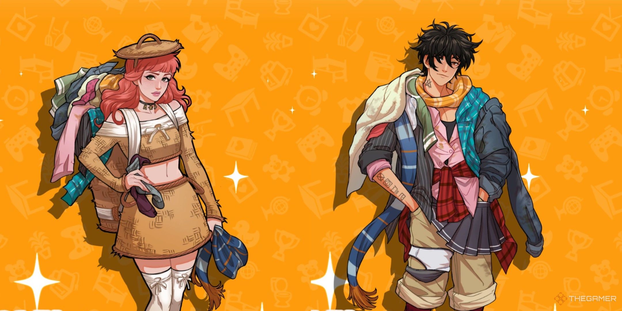 Dirk and Harper from Date Everything together on an orange background.