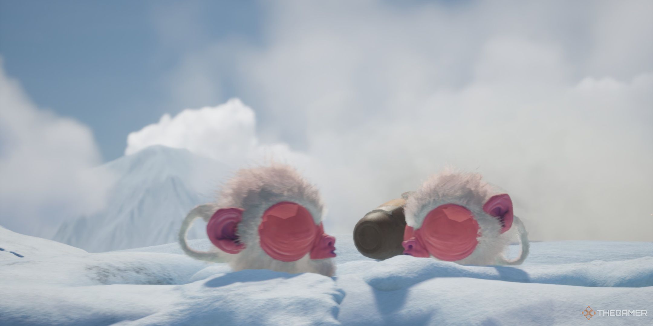 Two creatures together in the snow in revenge of the savage planet.