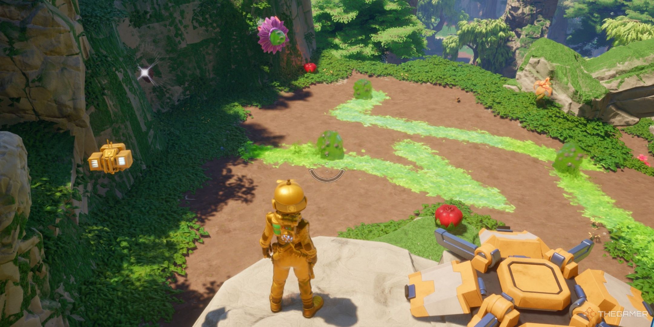 The player overlooking multiple mitoslimes in revenge of the savage planet.