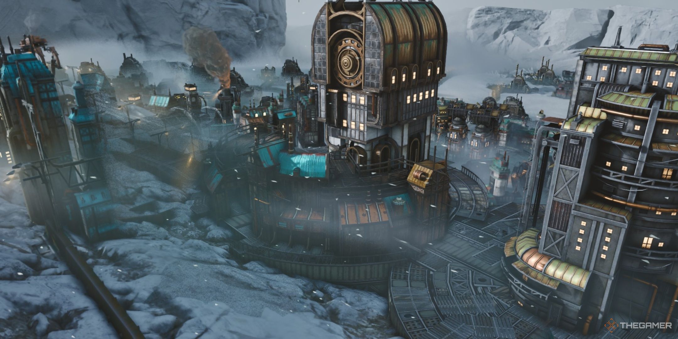 Research center sends up a plume of smoke as it works during calm weather in Frostpunk 2.