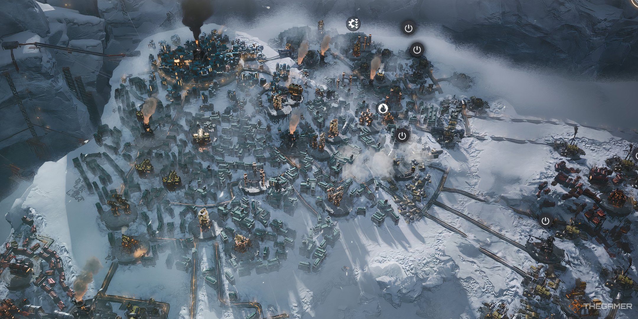 Developed and warm city stands atop the peak of the Fractured Gorge in Frostpunk 2.