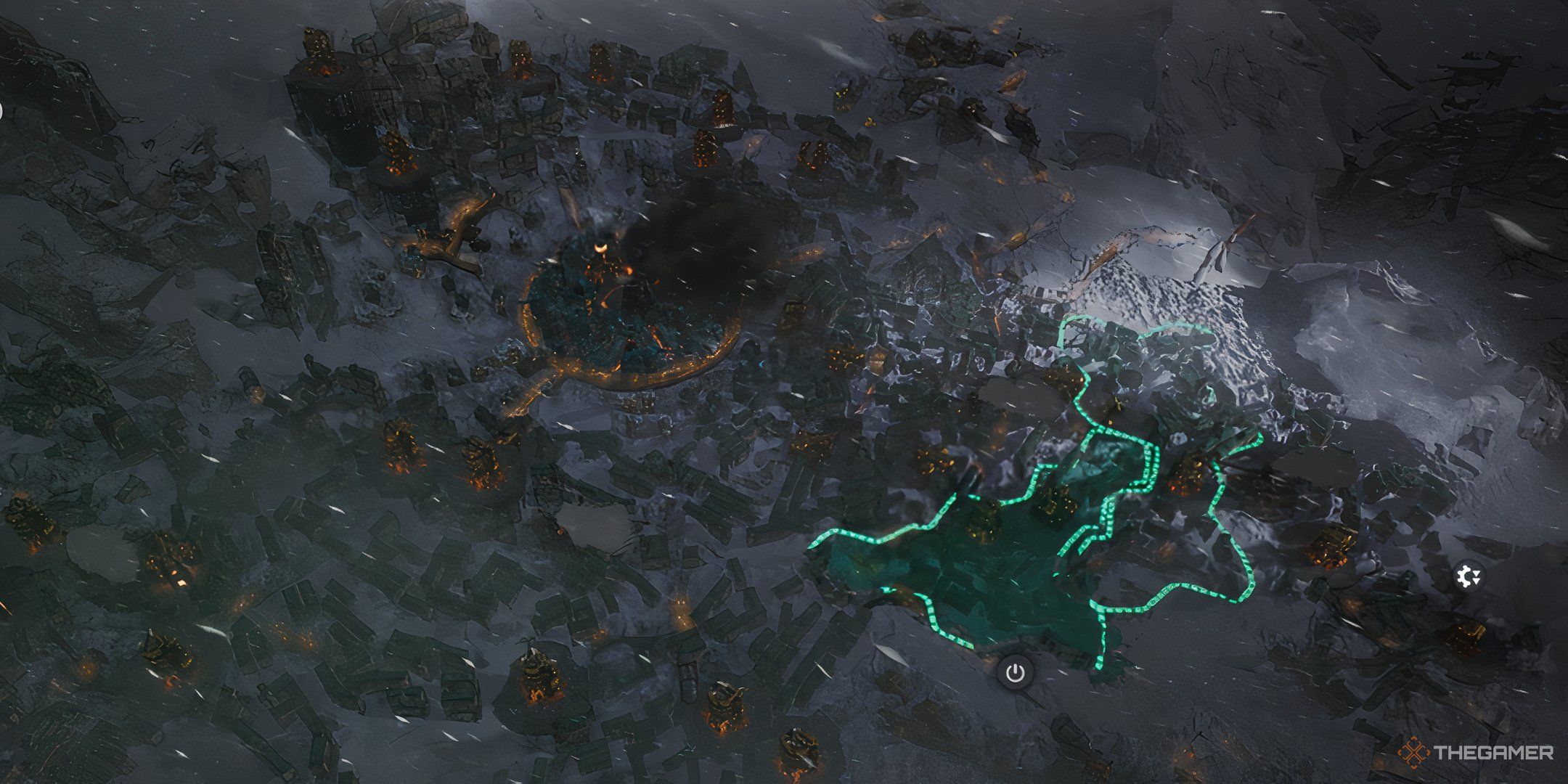 An apocalyptic winter pummels a dark city in Frostpunk 2.
