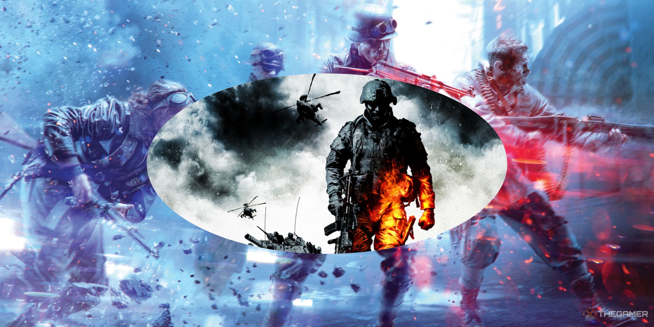A collage showing art of Battlefield 2042 with soldiers running to the right in the background, and the promotional art of Battlefield Bad Company 2 at the front.