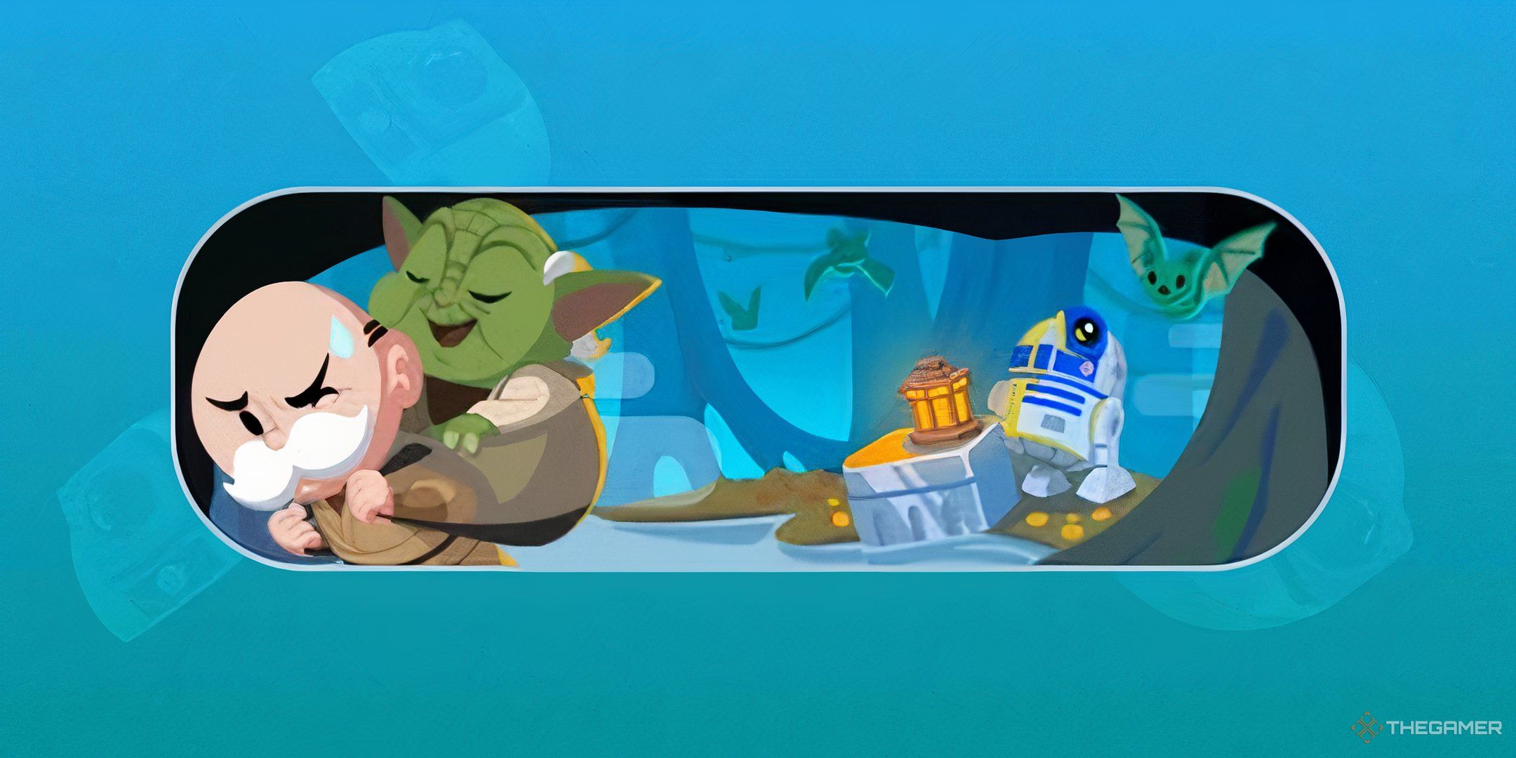Mr. Monopoly carrying Yoda on the background for Way of the Jedi in Monopoly Go.