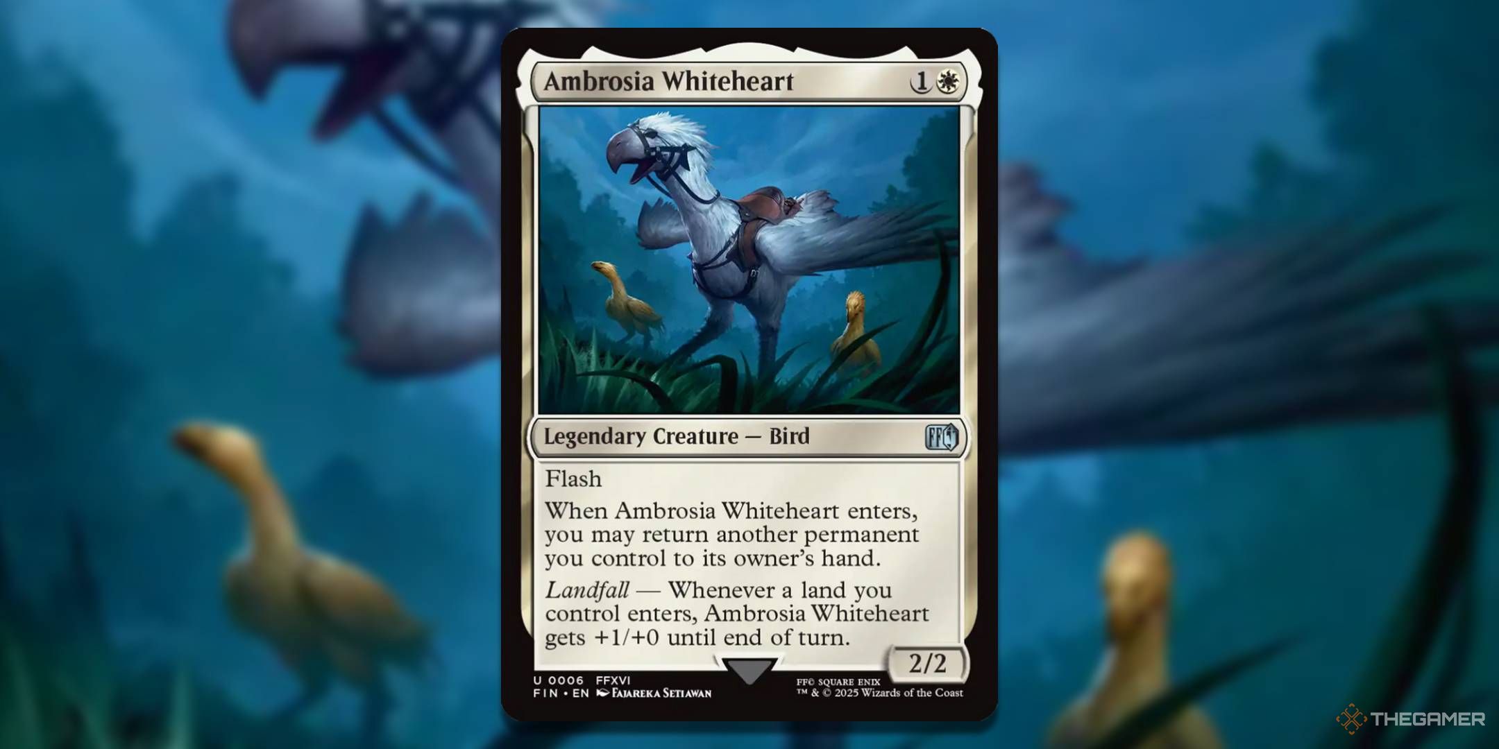 MTG Ambrosia Whiteheart card with the art in the background.