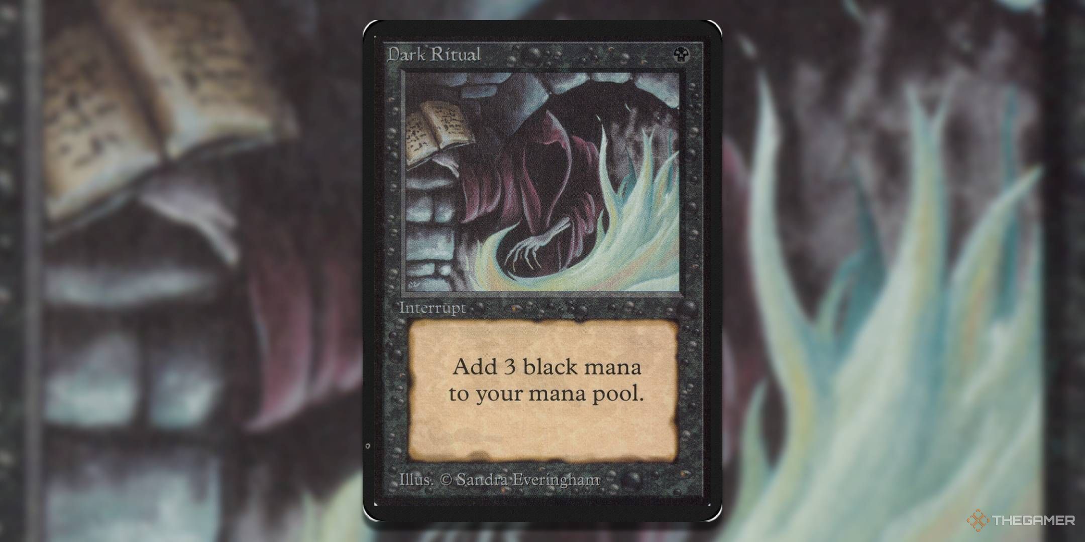 MTG Beta Dark Ritual card with the art in the background.