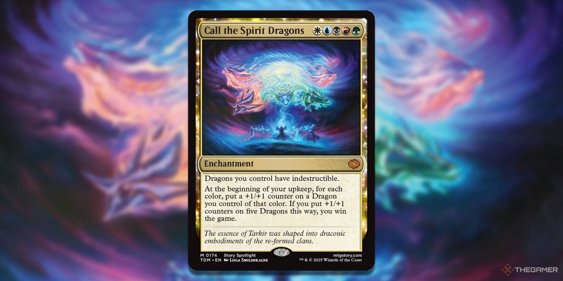 MTG Call the Spirit Dragons card with the art in the background.