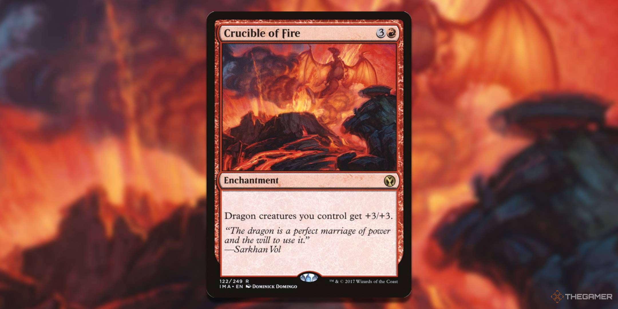 MTG Crucile of Fire card with the art in the background.