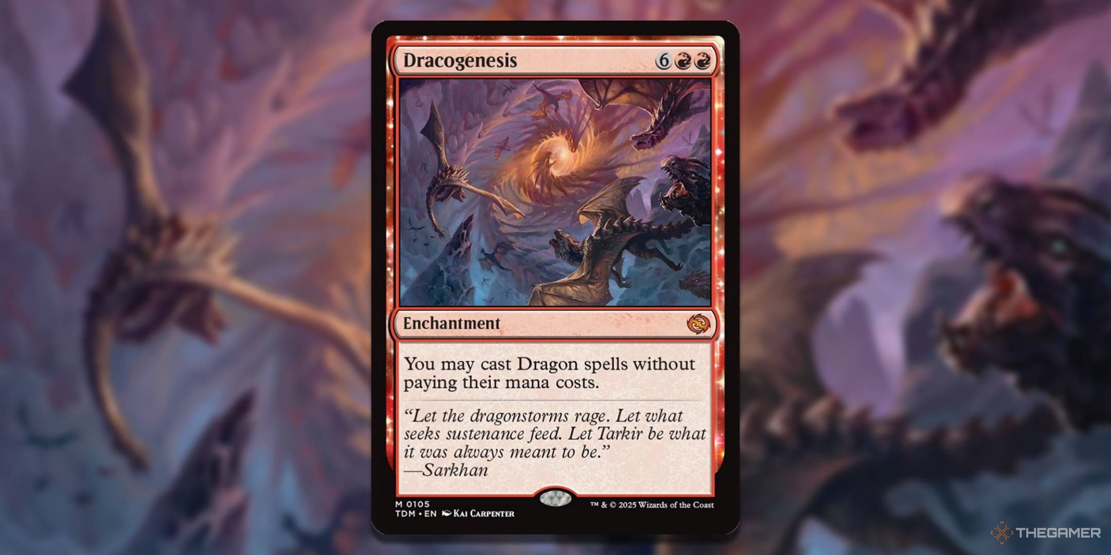 MTG Dracogenesis card with the art in the background.