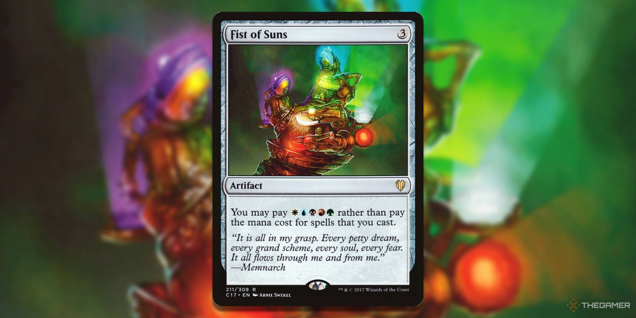 MTG Fist of Suns card with the art in the background.