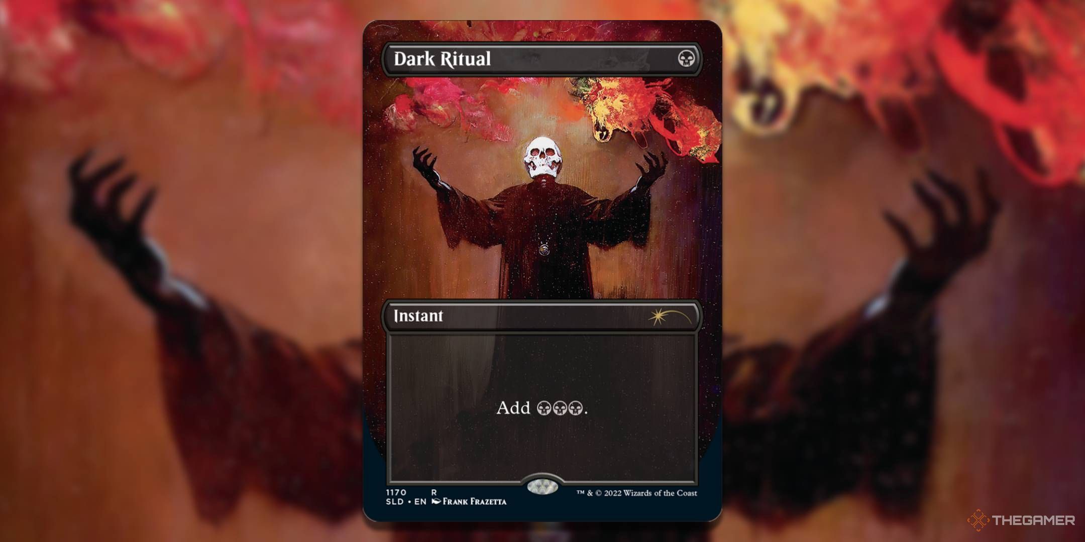 MTG Frank Frazetta Dark Ritual card with the art in the background.