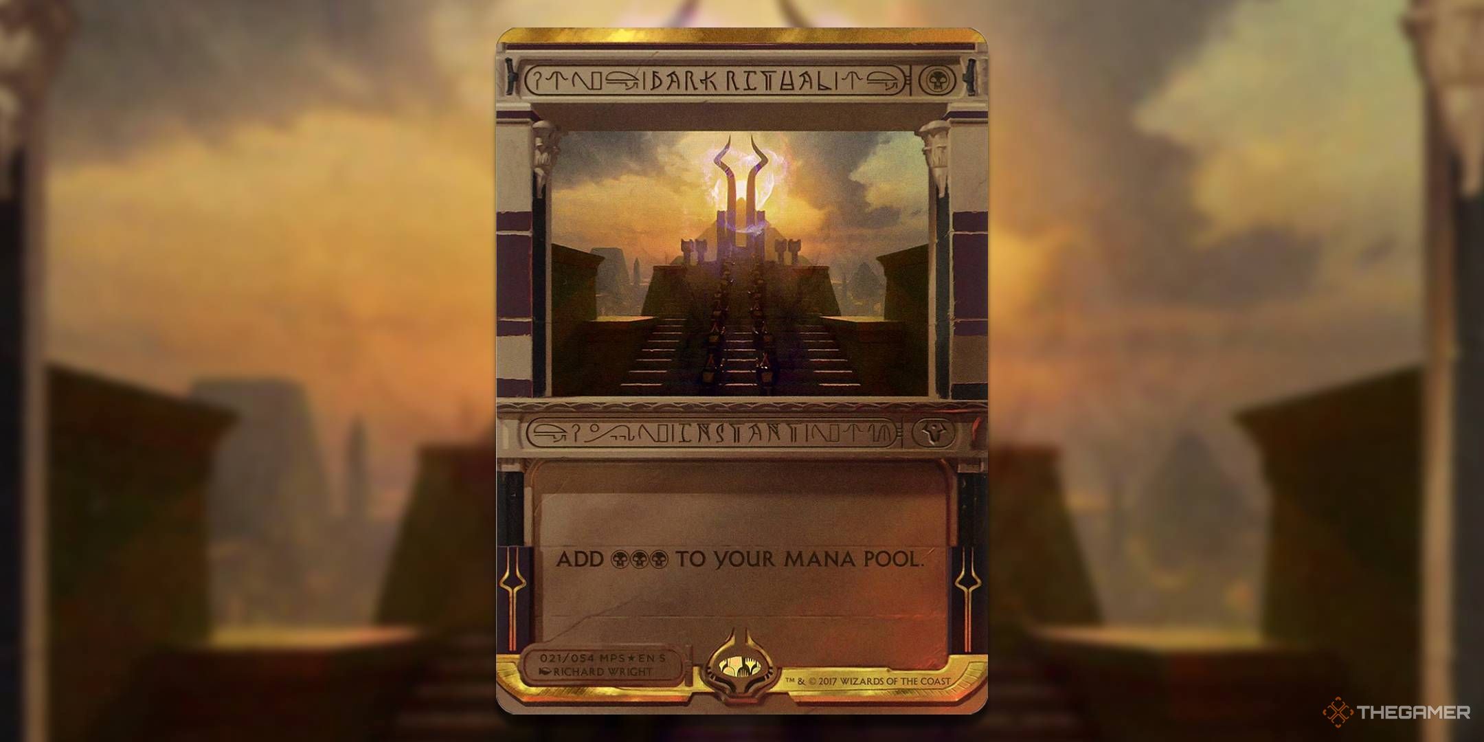 MTG Invocation Dark Ritual card with the art in the background.