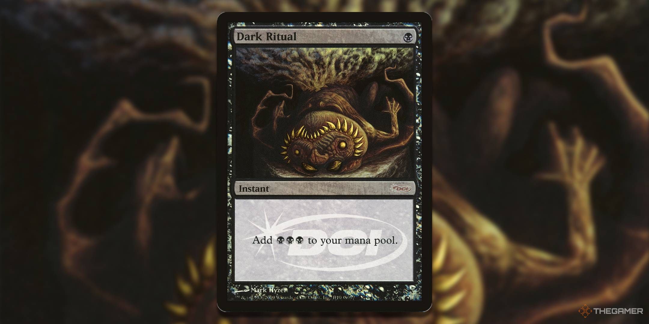 MTG Judge Dark Ritual card with the art in the background.