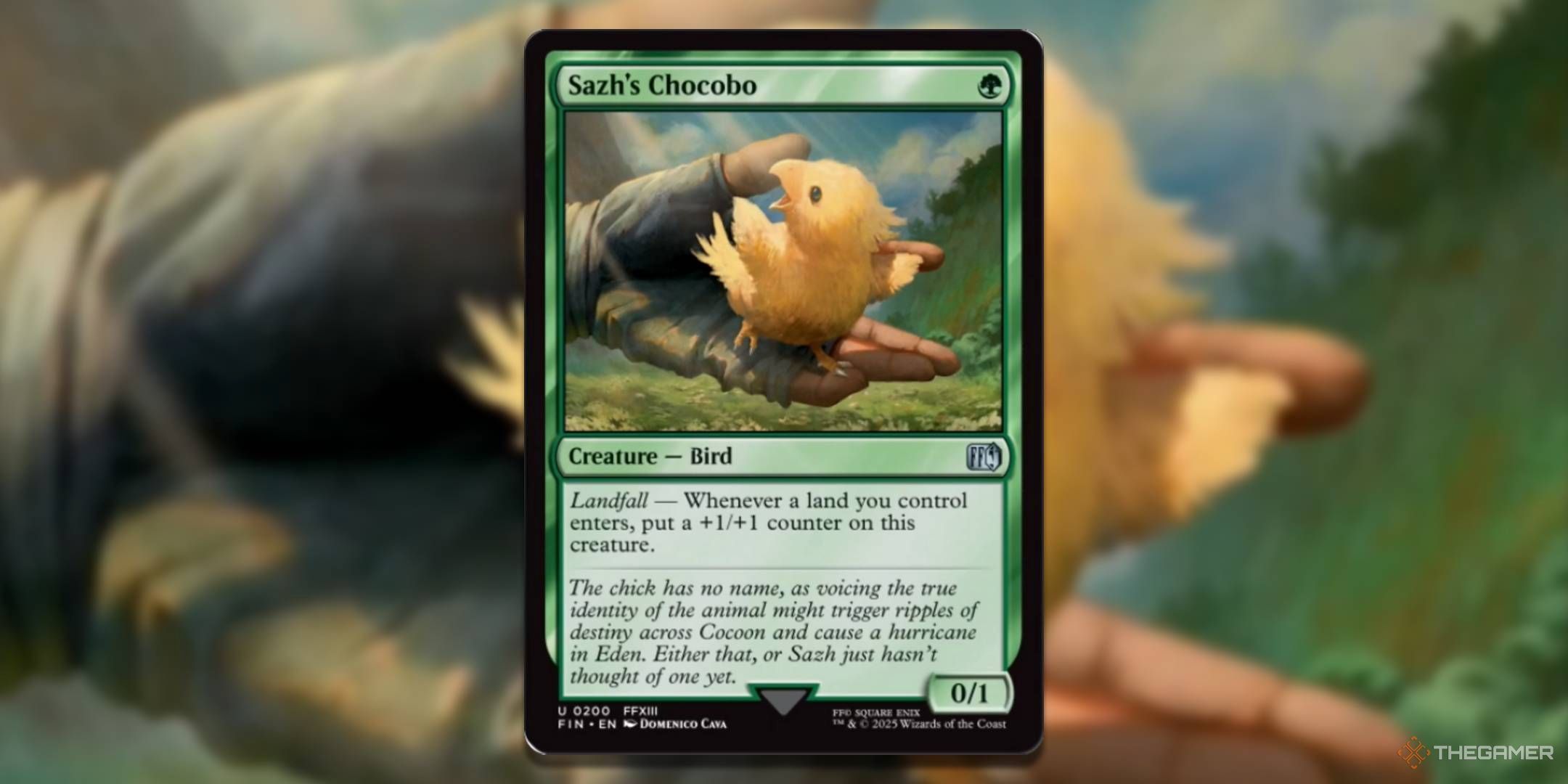 MTG Sazh's Chocobo card with the art in the background.