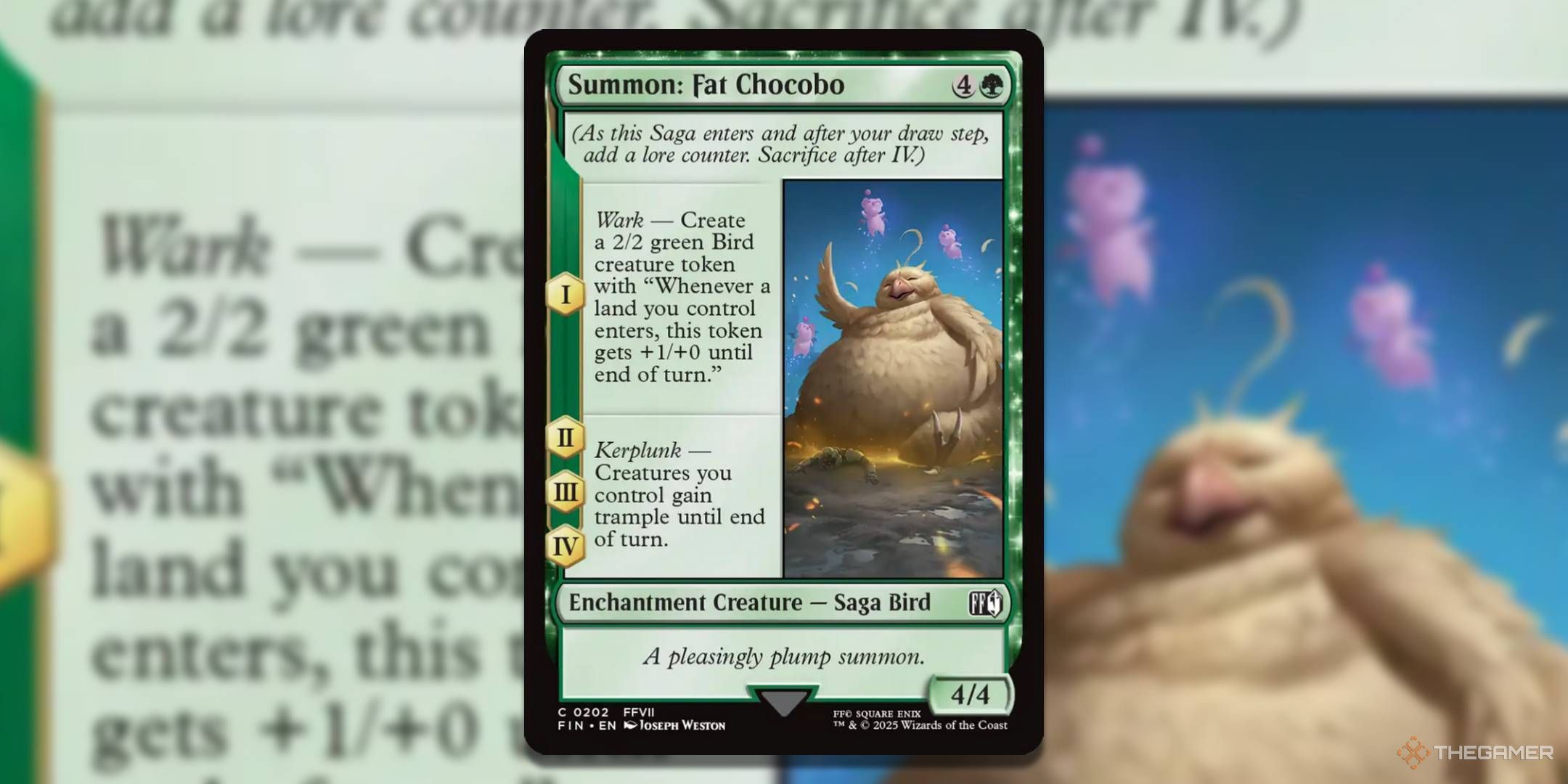 MTG Summon Fat Chocobo card with the art in the background.