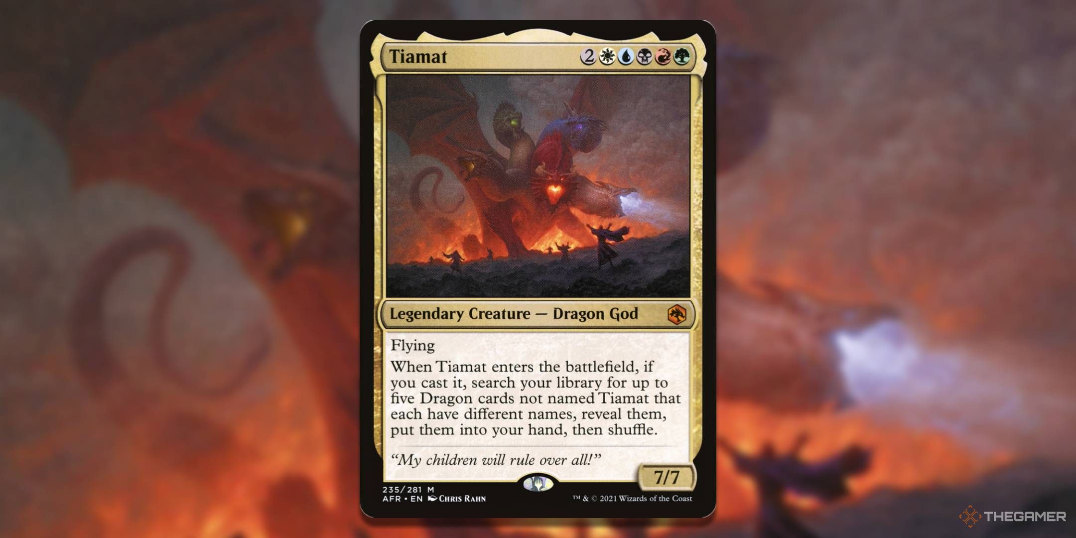 MTG Tiamat card with the art in the background.
