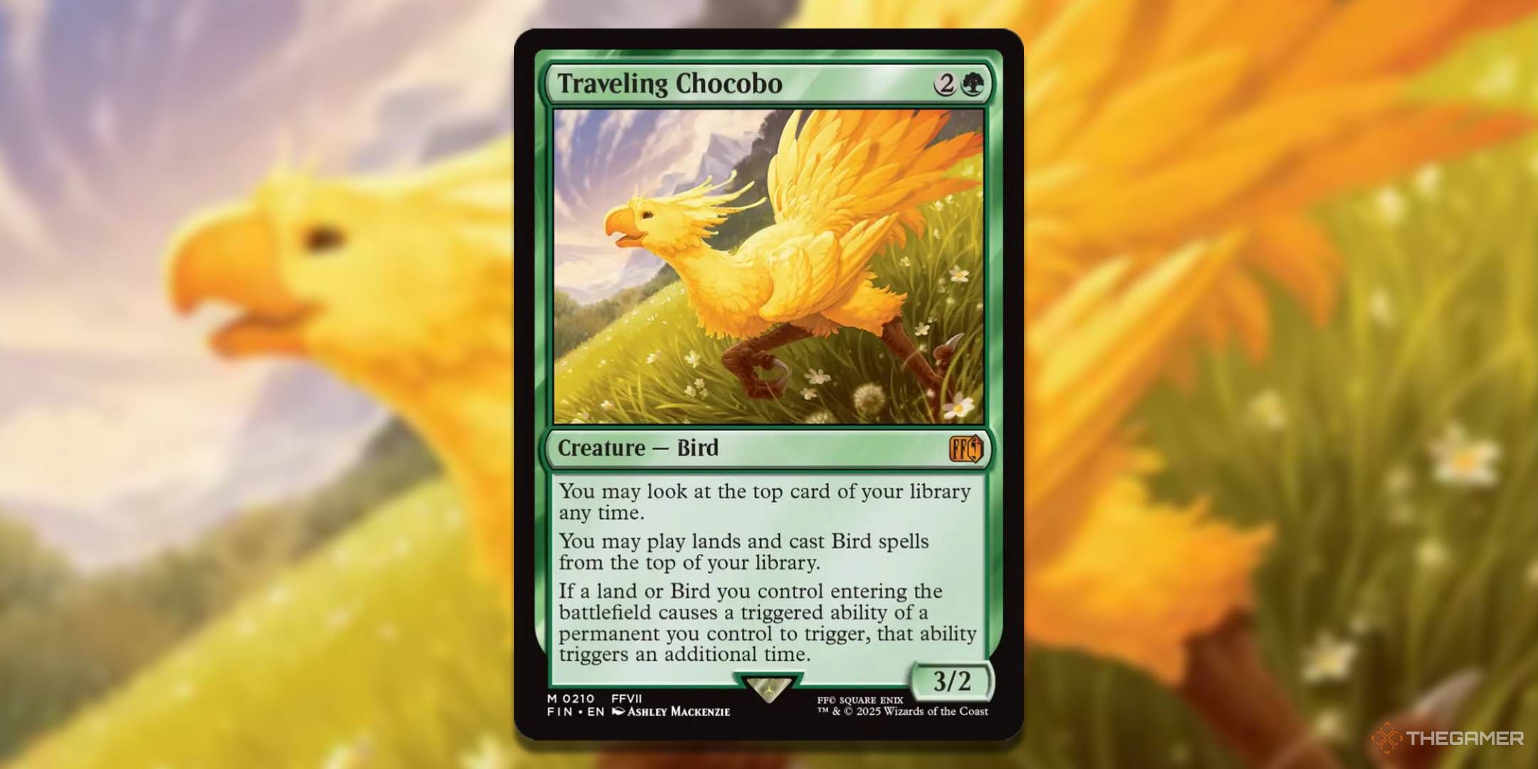 MTG Traveling Chocobo card with the art in the background.