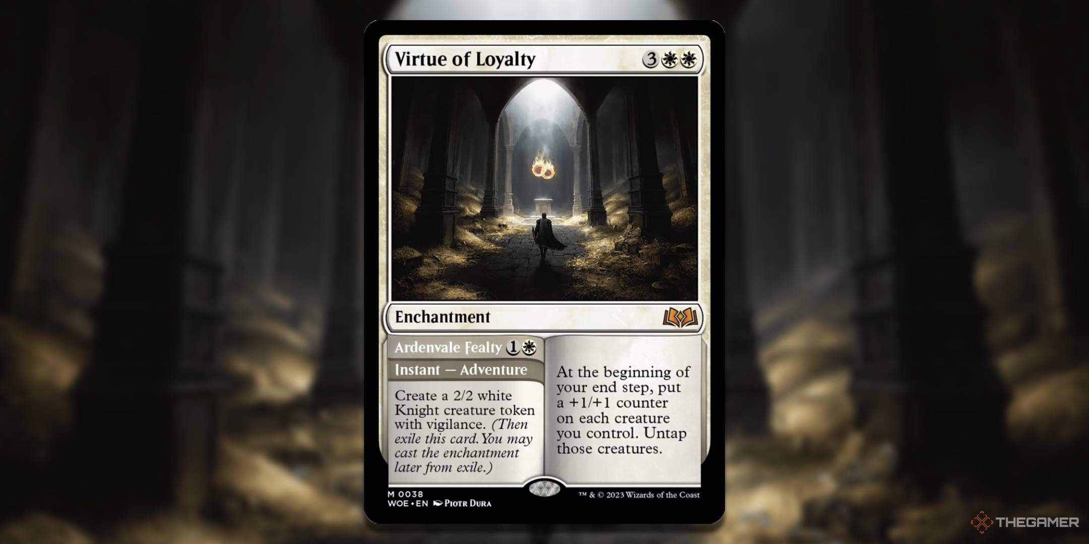 MTG Virtue of Loyalty card with the art in the background.