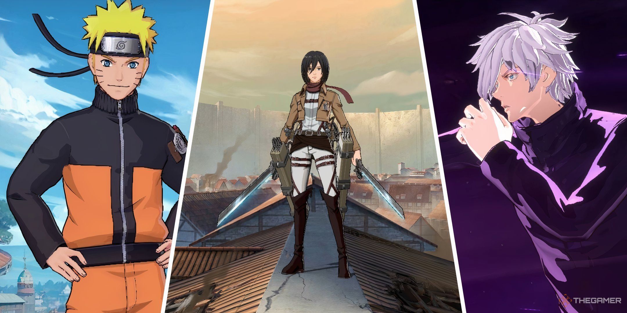 Naruto, Mikasa from Attack on Titan, and Gojo Satoru from Jujutsu Kaisen in a split image for the best anime skins in Mobile Legends.