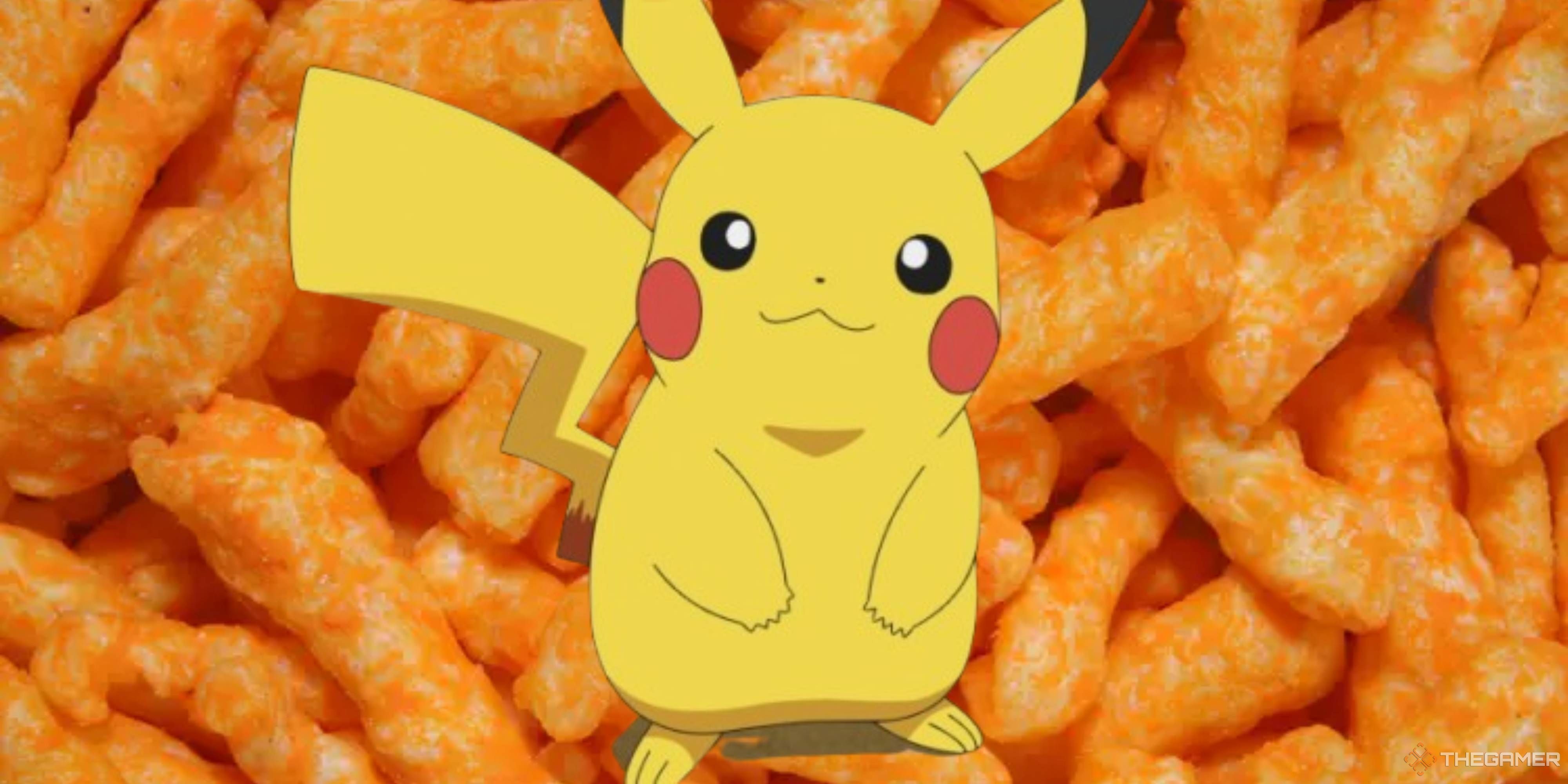 pikachu standing in front of a wall of cheetos.