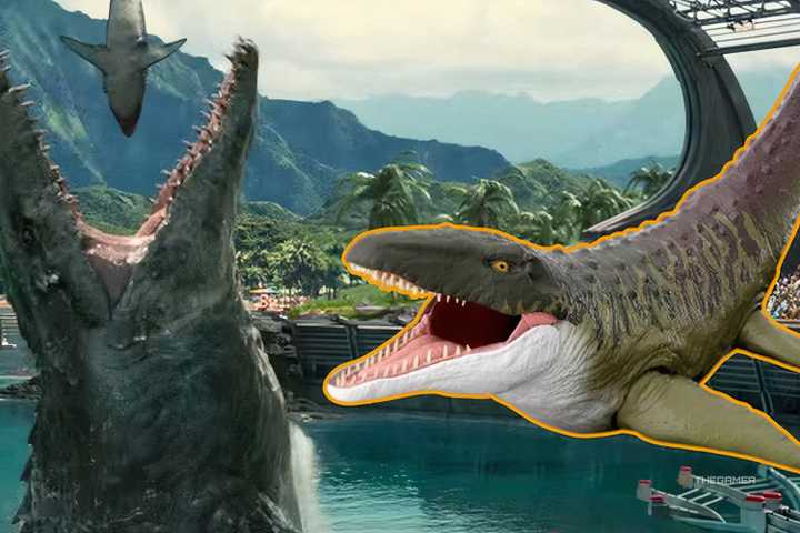 jurassic world mosasaurus next to a toy version with an orange border.