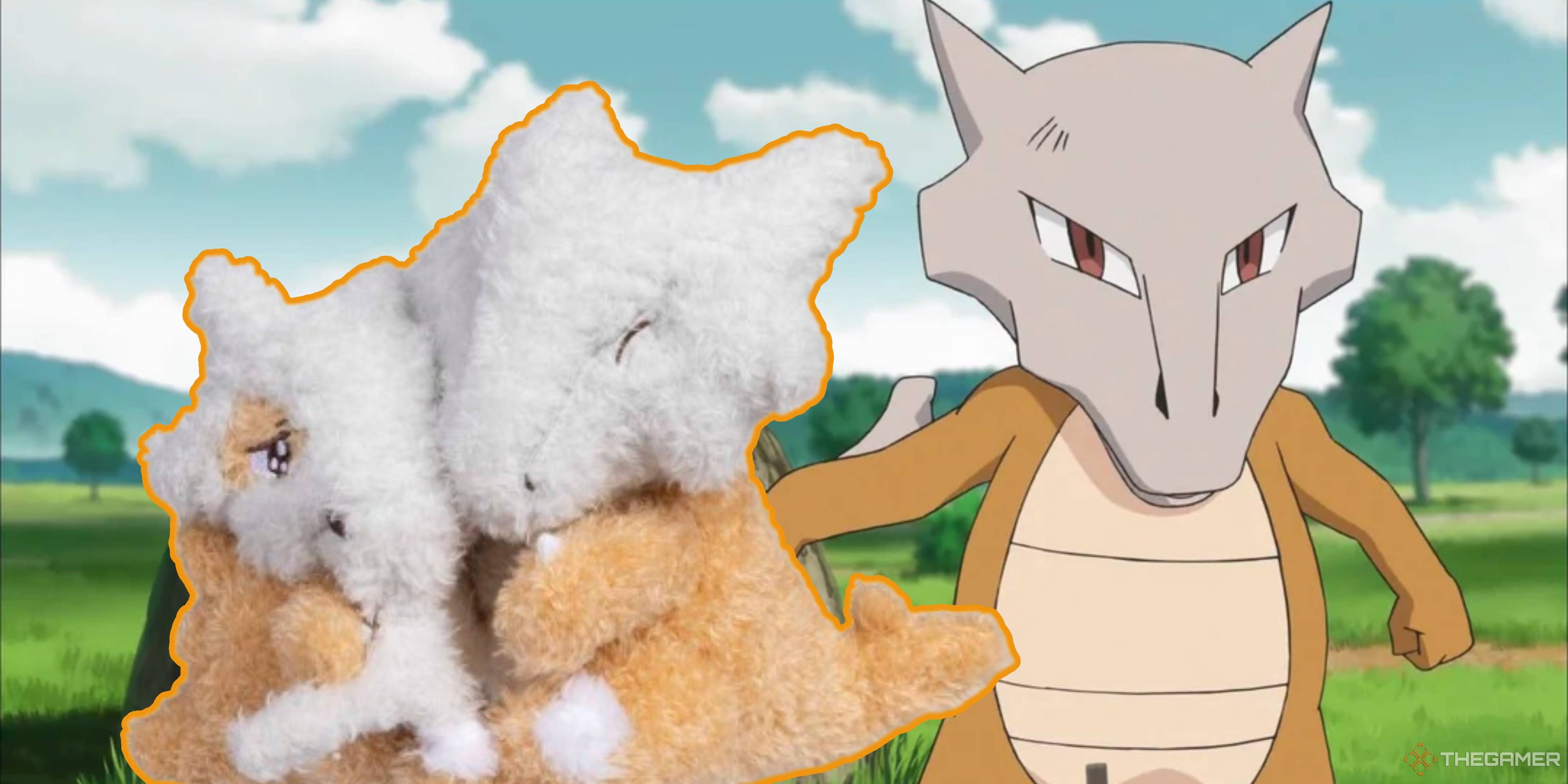 cubone and marowak sweet support plushes next to marowak in the anime.