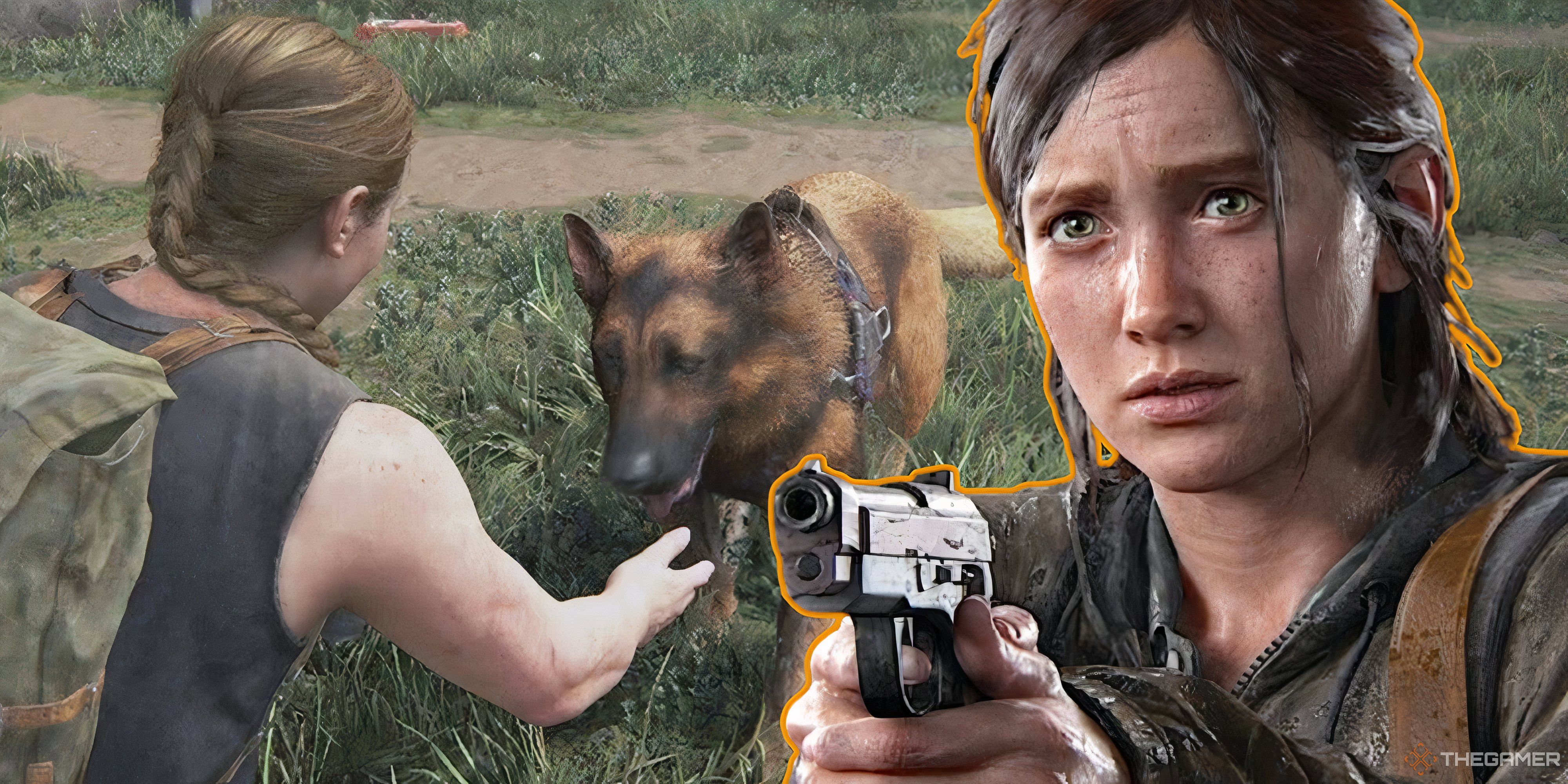 abby with alice the dog, and ellie holding a gun in the last of us part 2.