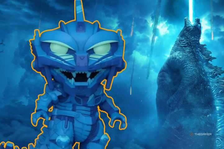 mechagodzilla funko pop next to real gozilla using atomic breath.