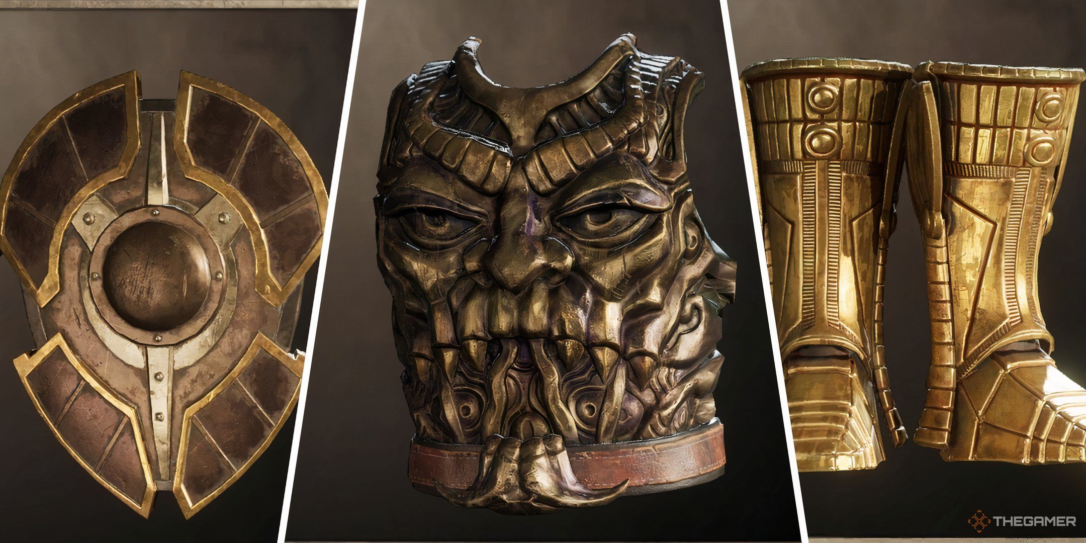 A split image of Spell Breaker, a Madness Cuirass and Boots of the Atronach in Oblivion Remastered.